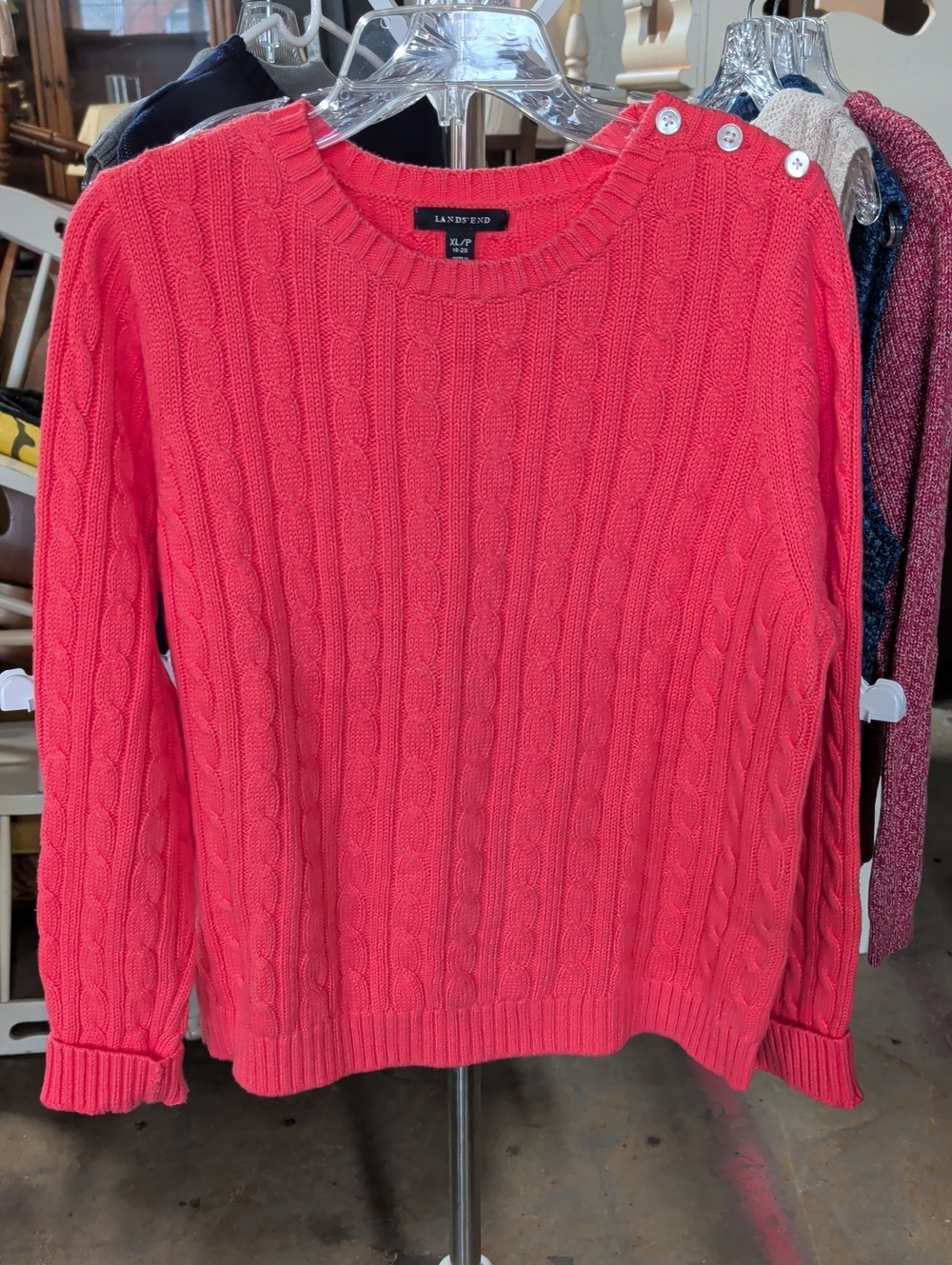 Lands' End Coral Cable-Knit Crewneck Sweater with Shoulder Buttons